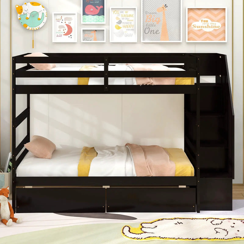 Twin Over Twin Bunk Bed with Storage Stairs and Drawers by DirectDeals