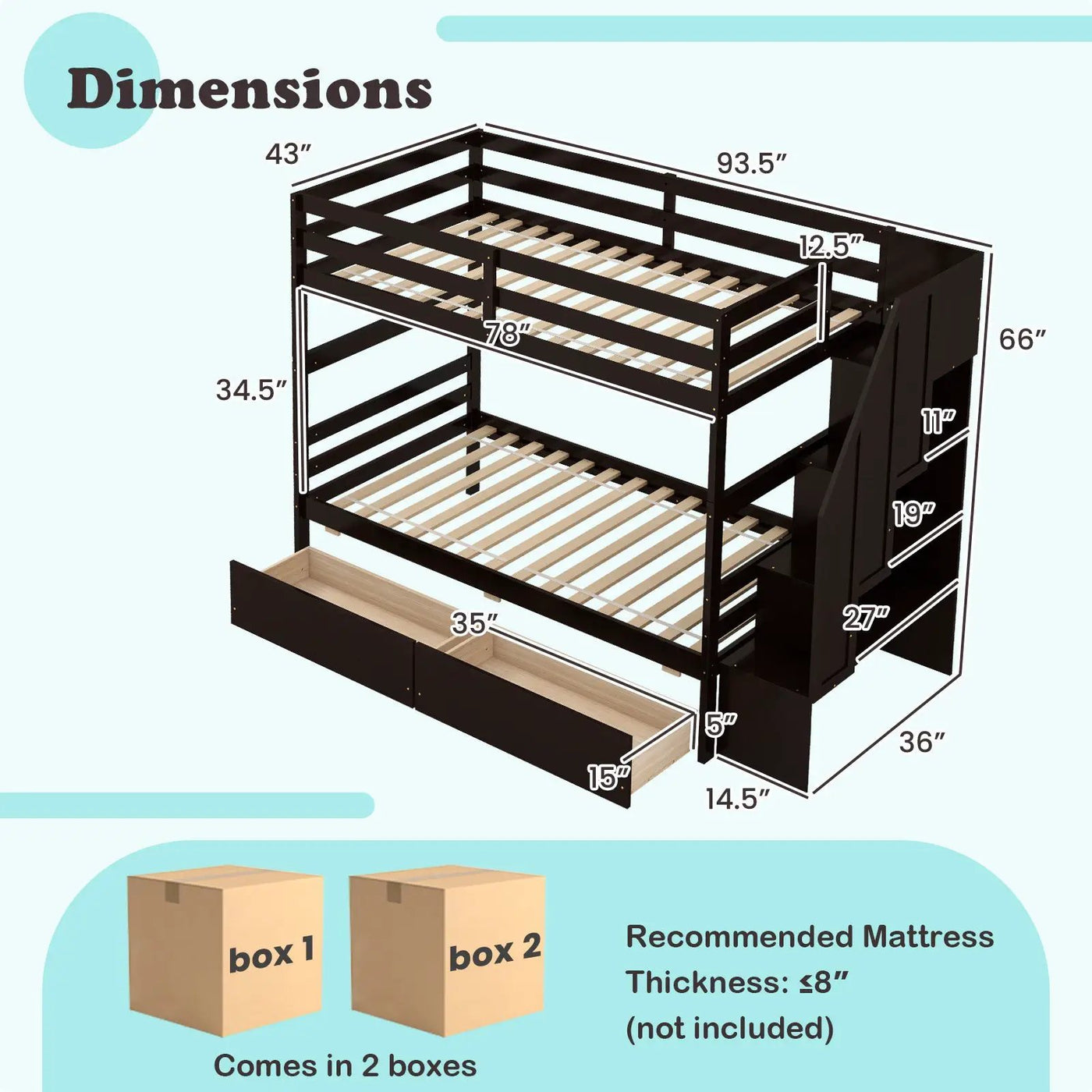 Twin Over Twin Bunk Bed with Storage Stairs and Drawers by DirectDeals