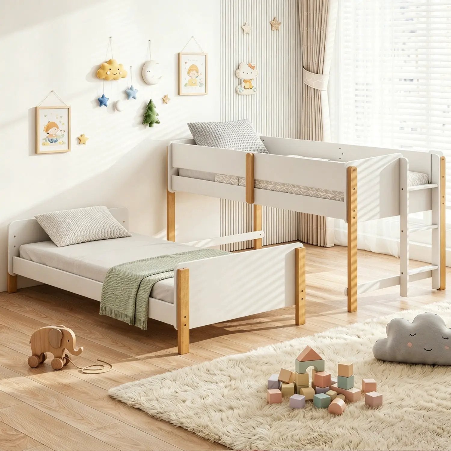 Twin Over Twin Bunk Bed with Convertible Design and Ladder by DirectDeals