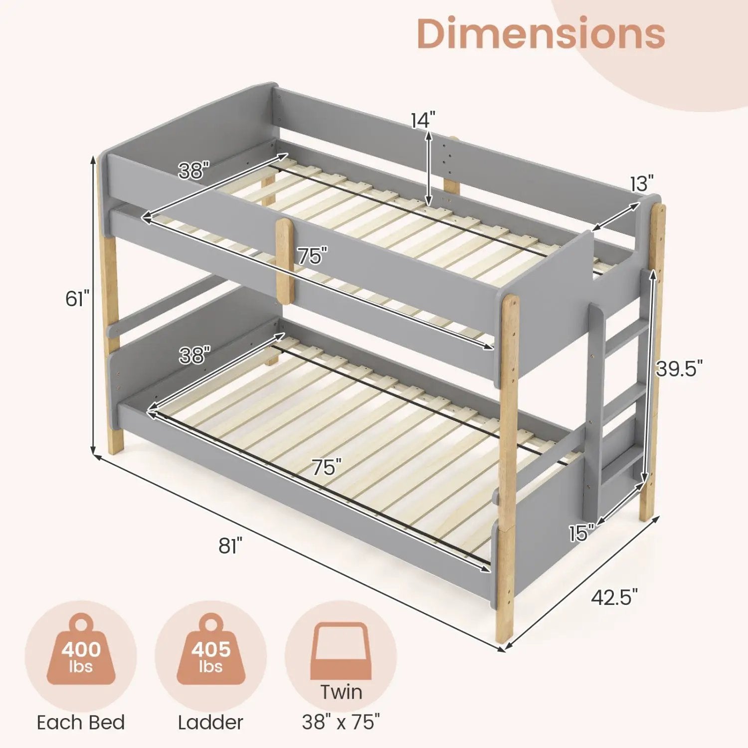 Twin Over Twin Bunk Bed with Convertible Design and Ladder by DirectDeals