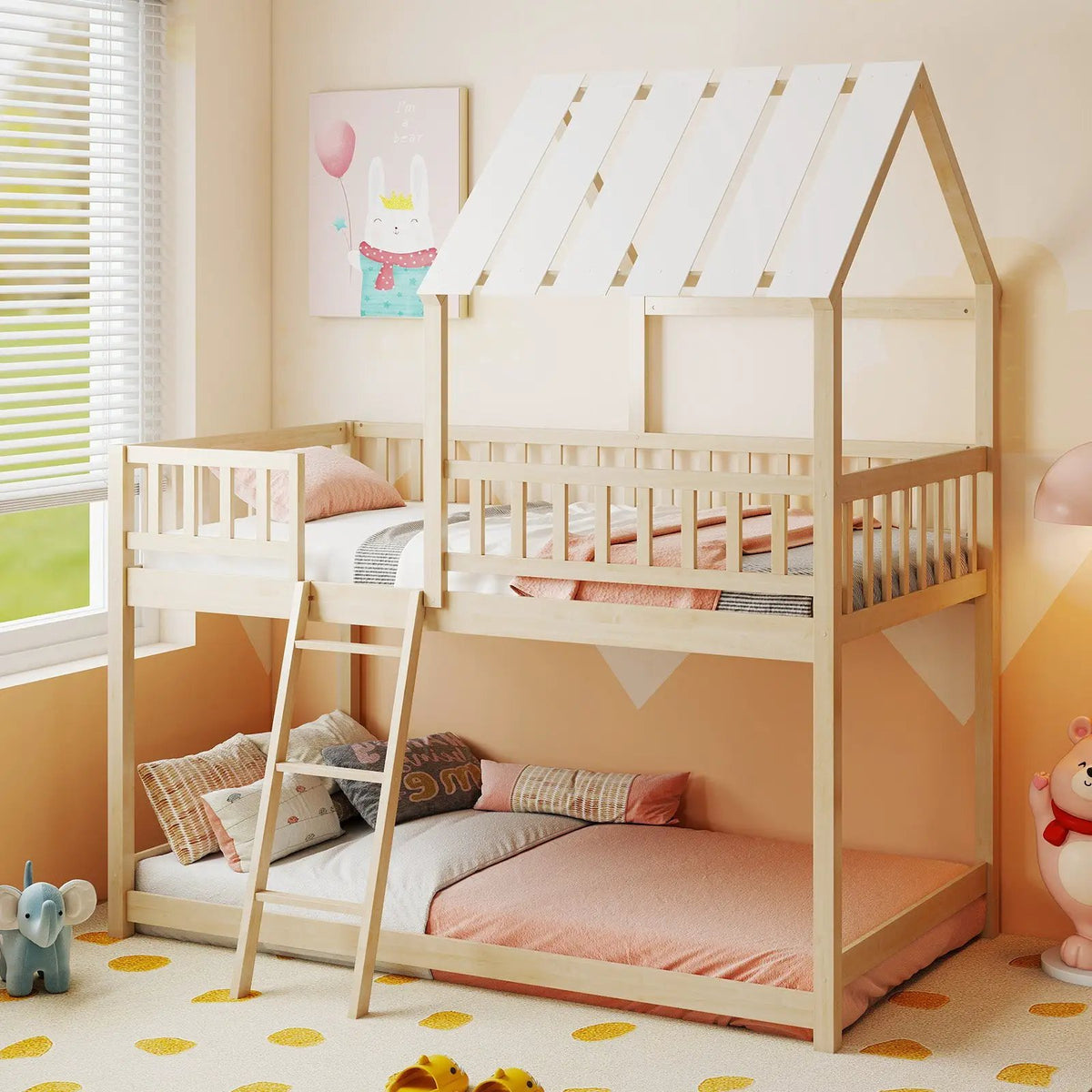 Twin Over Twin House Bunk Bed with Roof and Full-length Guardrails for Kids Teens Boys Girls by DirectDeals