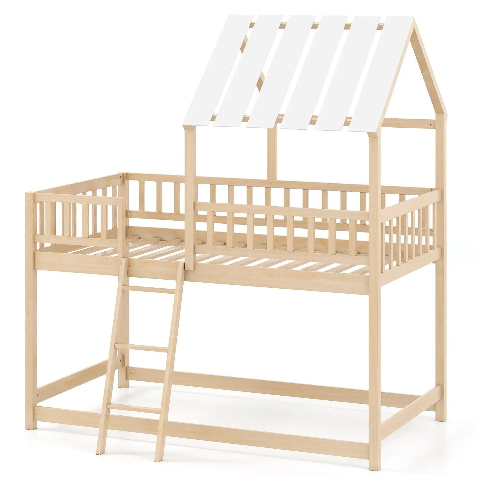 Twin Over Twin House Bunk Bed with Roof and Full-length Guardrails for Kids Teens Boys Girls by DirectDeals