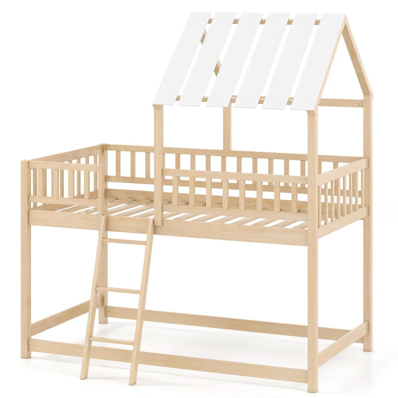 Twin Over Twin House Bunk Bed with Roof and Full-length Guardrails for Kids Teens Boys Girls by DirectDeals
