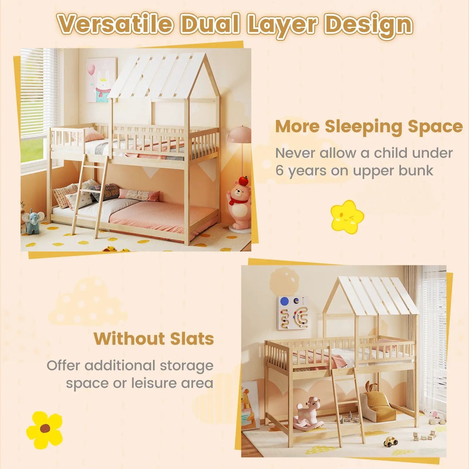 Twin Over Twin House Bunk Bed with Roof and Full-length Guardrails for Kids Teens Boys Girls by DirectDeals