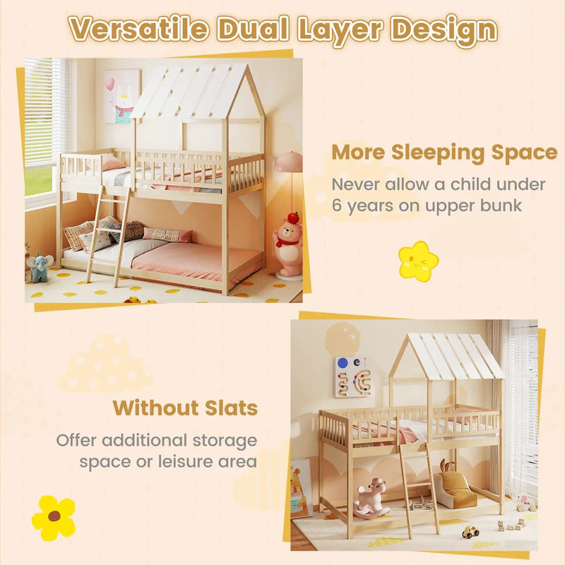 Twin Over Twin House Bunk Bed with Roof and Full-length Guardrails for Kids Teens Boys Girls by DirectDeals