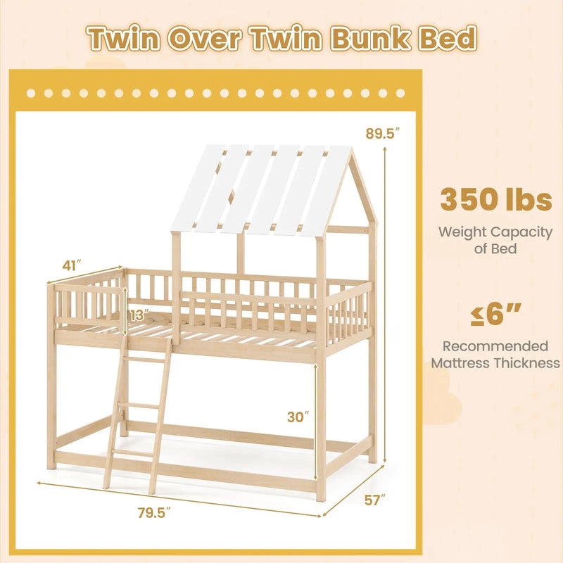 Twin Over Twin House Bunk Bed with Roof and Full-length Guardrails for Kids Teens Boys Girls by DirectDeals