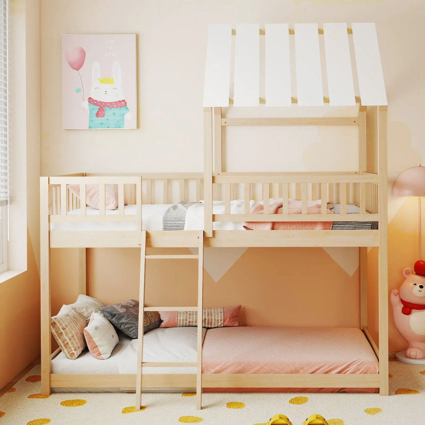Twin Over Twin House Bunk Bed with Roof and Full-length Guardrails for Kids Teens Boys Girls by DirectDeals
