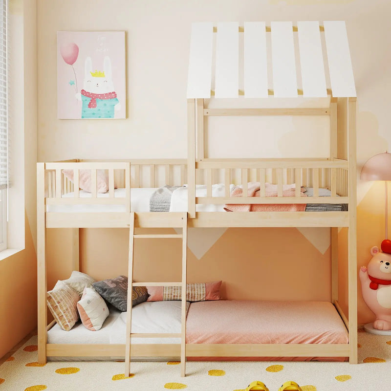 Twin Over Twin House Bunk Bed with Roof and Full-length Guardrails for Kids Teens Boys Girls by DirectDeals