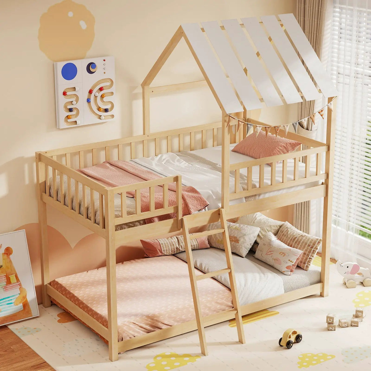 Twin Over Twin House Bunk Bed with Roof and Full-length Guardrails for Kids Teens Boys Girls by DirectDeals