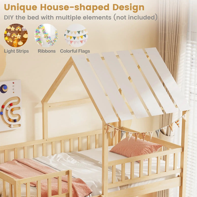 Twin Over Twin House Bunk Bed with Roof and Full-length Guardrails for Kids Teens Boys Girls by DirectDeals