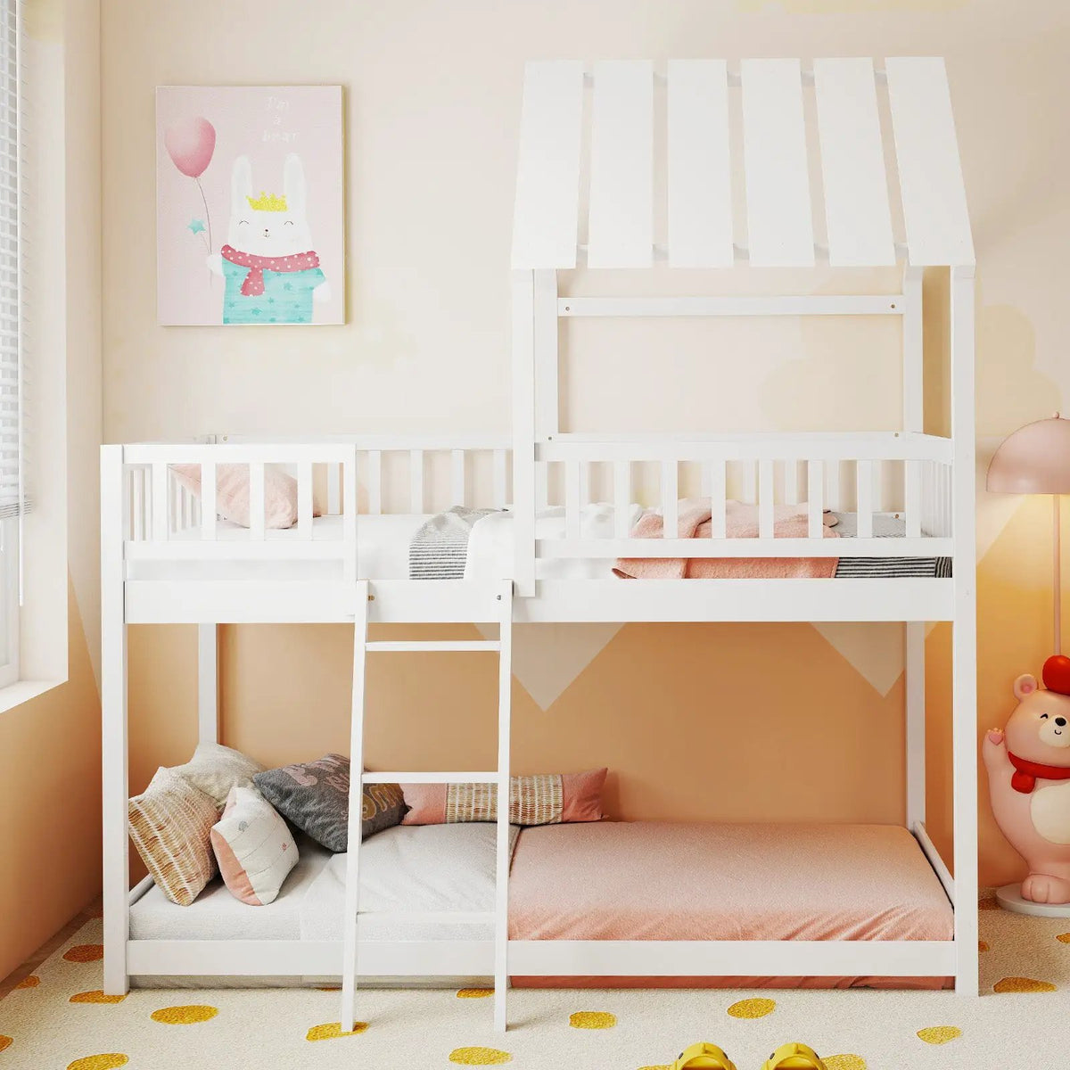 Twin Over Twin House Bunk Bed with Roof and Full-length Guardrails for Kids Teens Boys Girls by DirectDeals
