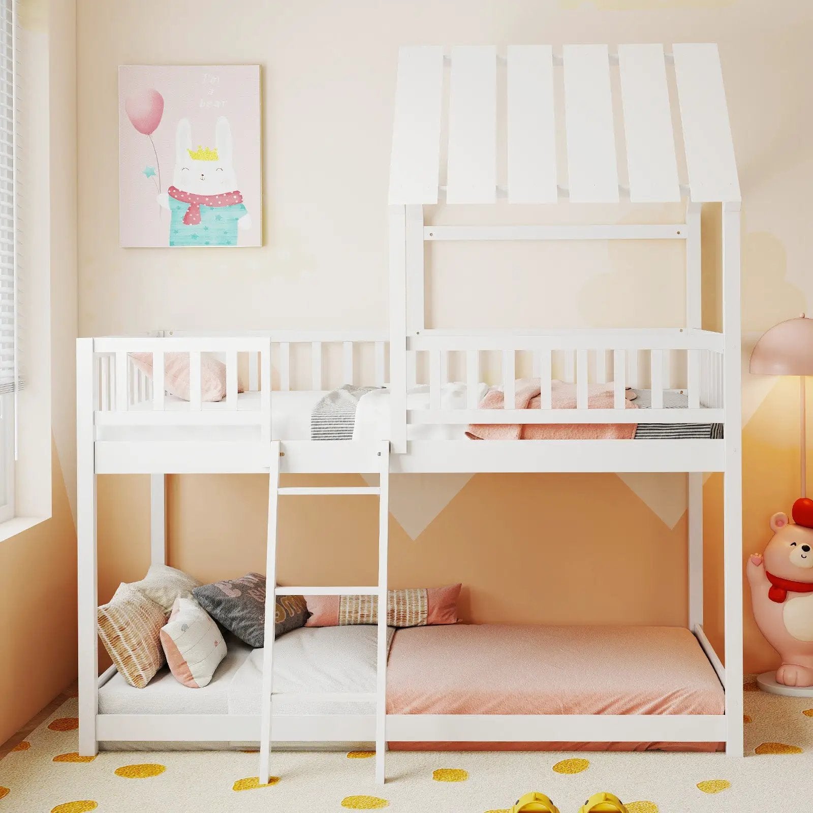 Twin Over Twin House Bunk Bed with Roof and Full-length Guardrails for Kids Teens Boys Girls by DirectDeals