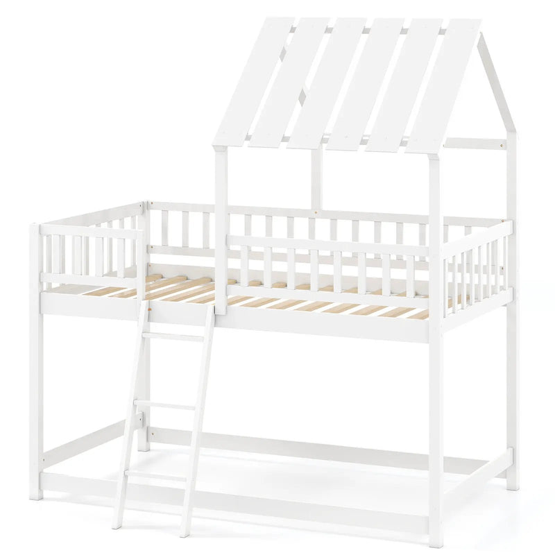 Twin Over Twin House Bunk Bed with Roof and Full-length Guardrails for Kids Teens Boys Girls by DirectDeals