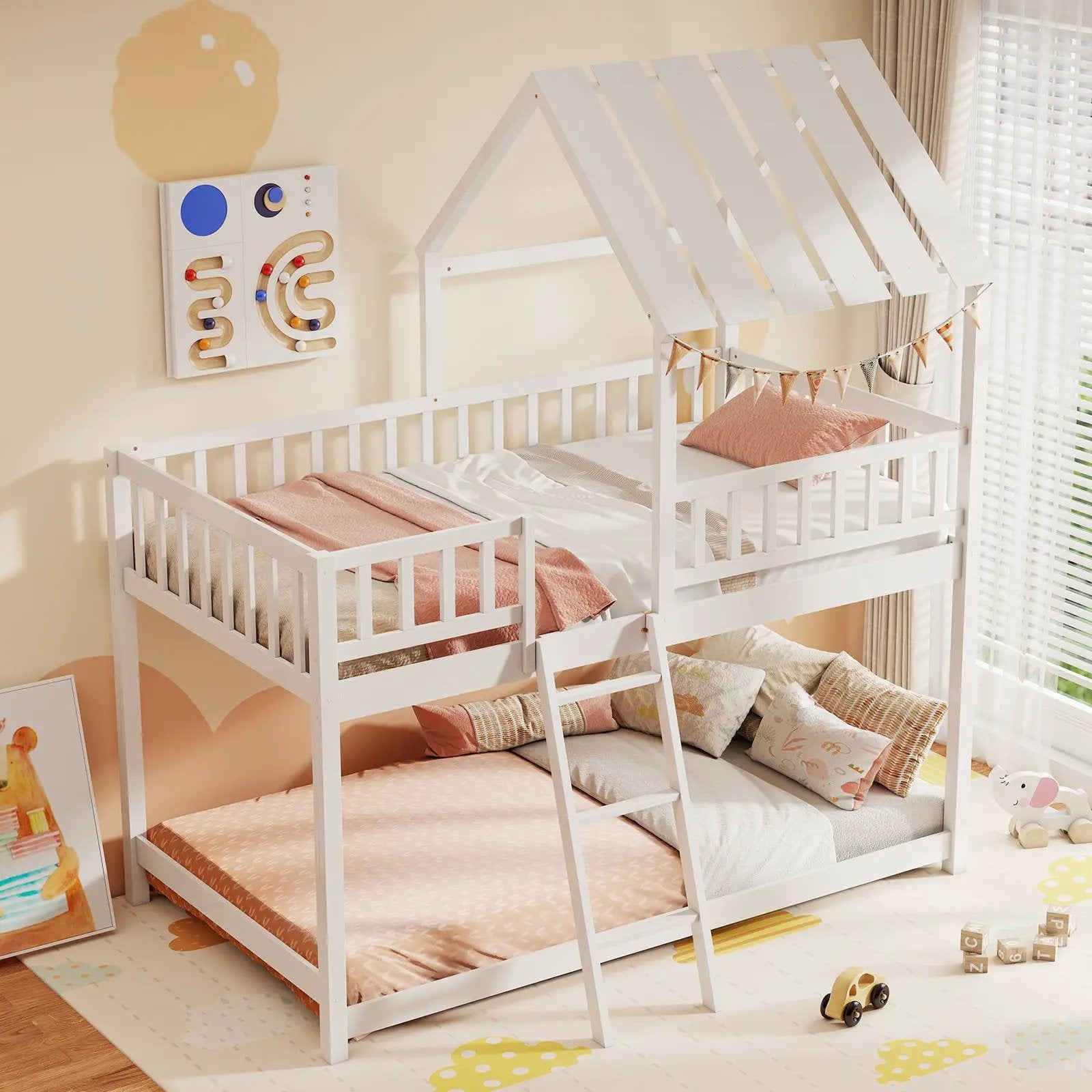 Twin Over Twin House Bunk Bed with Roof and Full-length Guardrails for Kids Teens Boys Girls by DirectDeals