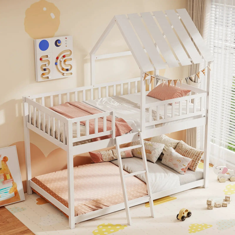 Twin Over Twin House Bunk Bed with Roof and Full-length Guardrails for Kids Teens Boys Girls by DirectDeals
