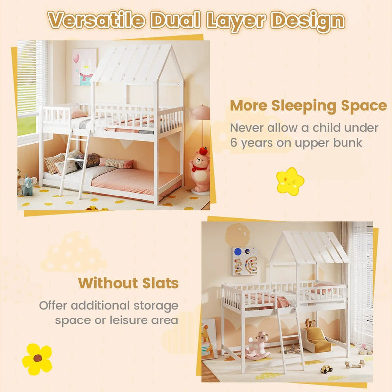 Twin Over Twin House Bunk Bed with Roof and Full-length Guardrails for Kids Teens Boys Girls by DirectDeals