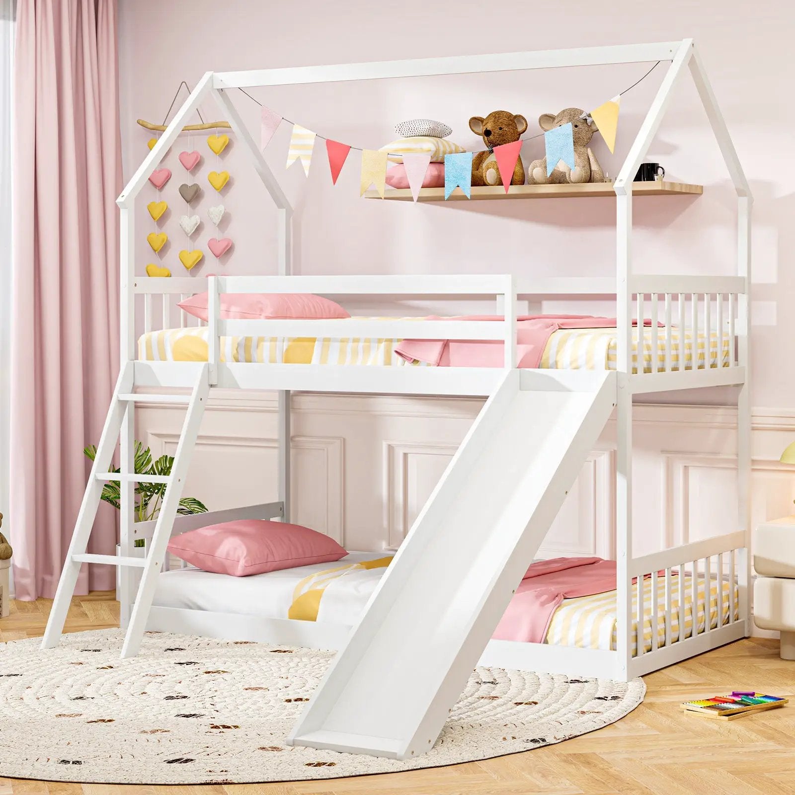 Twin Over Twin House Bunk Bed with Slide and Ladder-White by DirectDeals