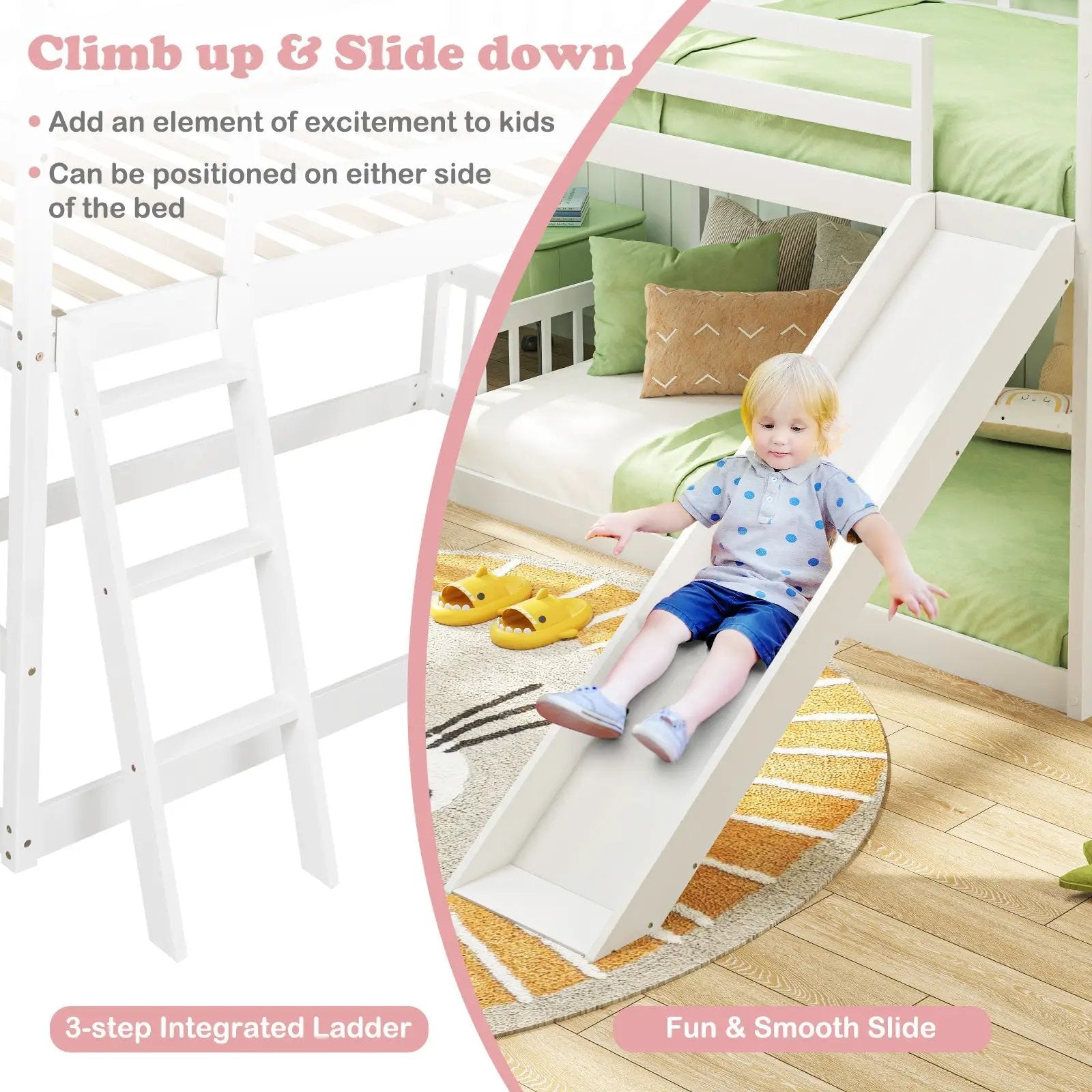 Twin Over Twin House Bunk Bed with Slide and Ladder-White by DirectDeals