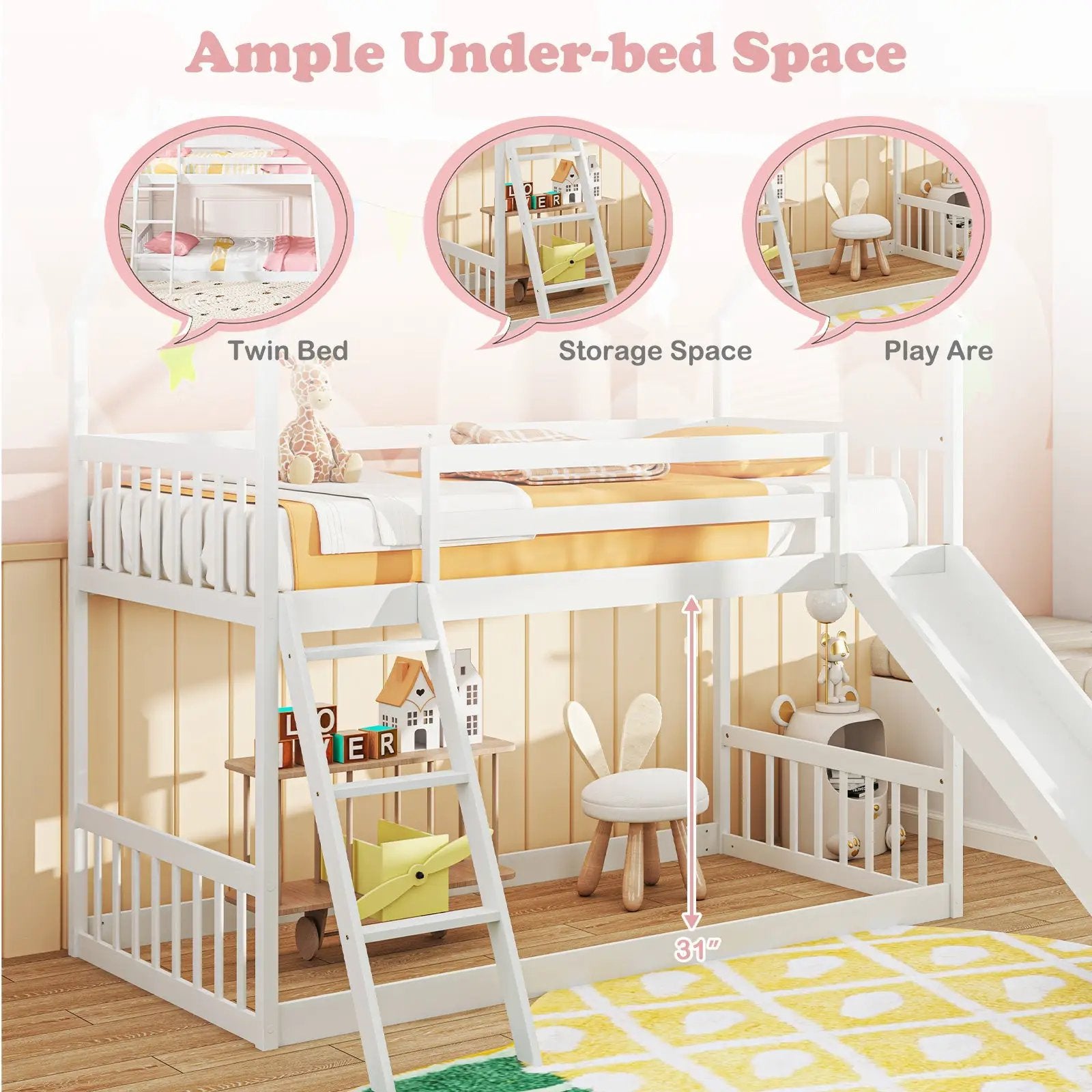 Twin Over Twin House Bunk Bed with Slide and Ladder-White by DirectDeals