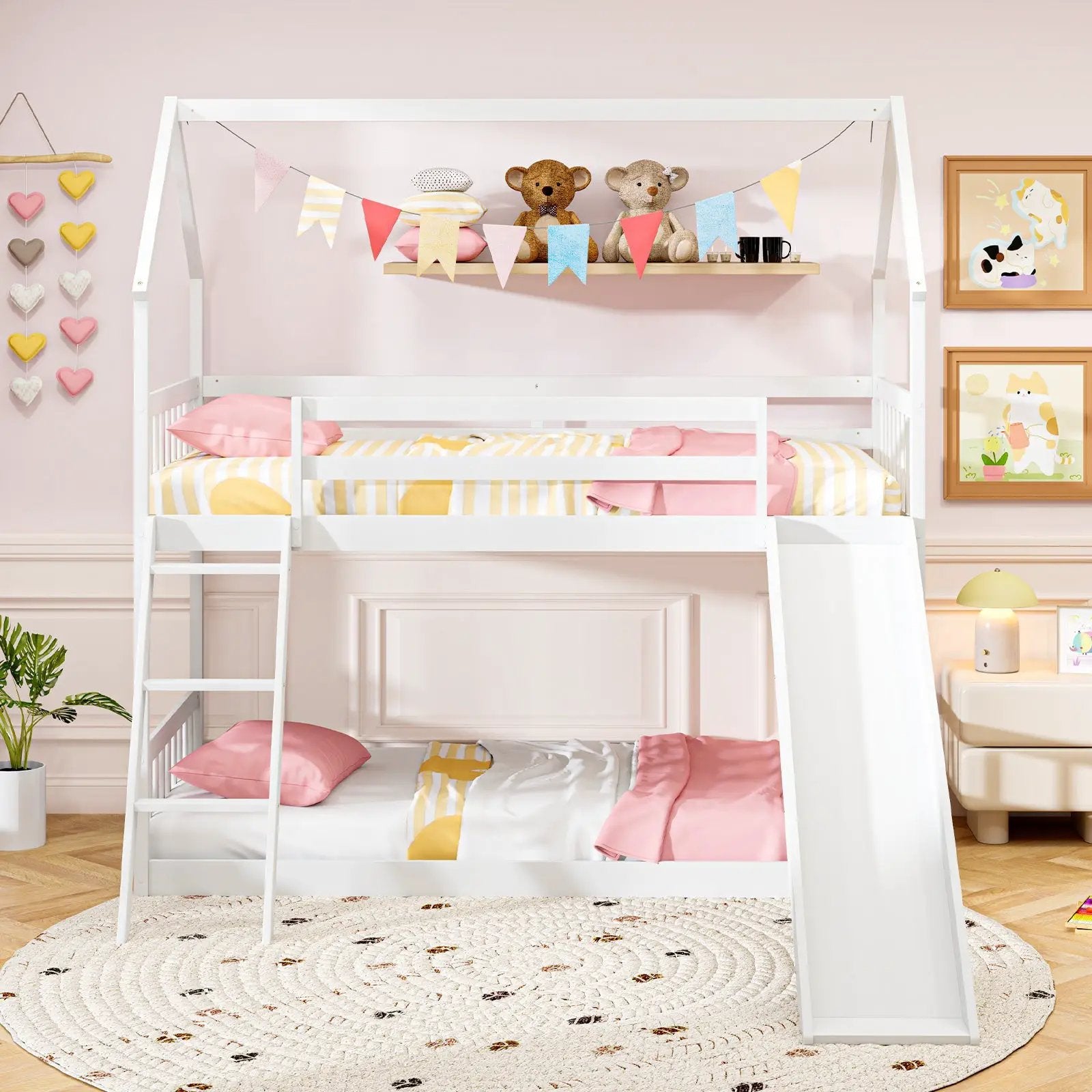 Twin Over Twin House Bunk Bed with Slide and Ladder-White by DirectDeals