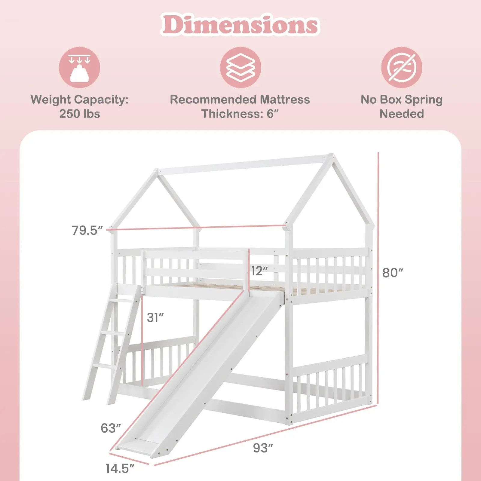 Twin Over Twin House Bunk Bed with Slide and Ladder-White by DirectDeals