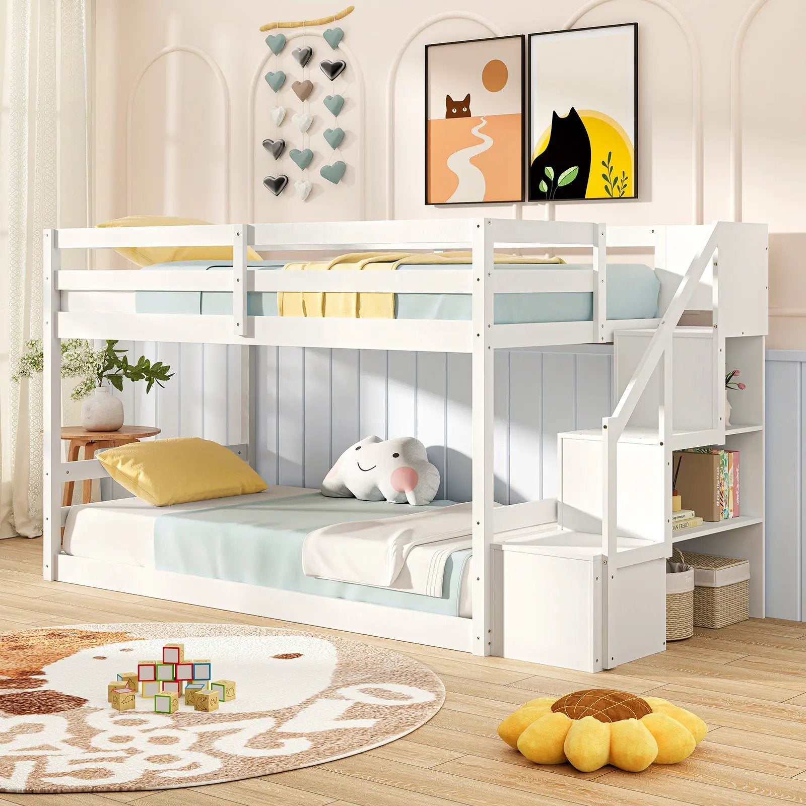 Twin Over Twin Low Bunk Bed with Storage Stairs Solid Wood Floor Bunk Bed Frame by DirectDeals