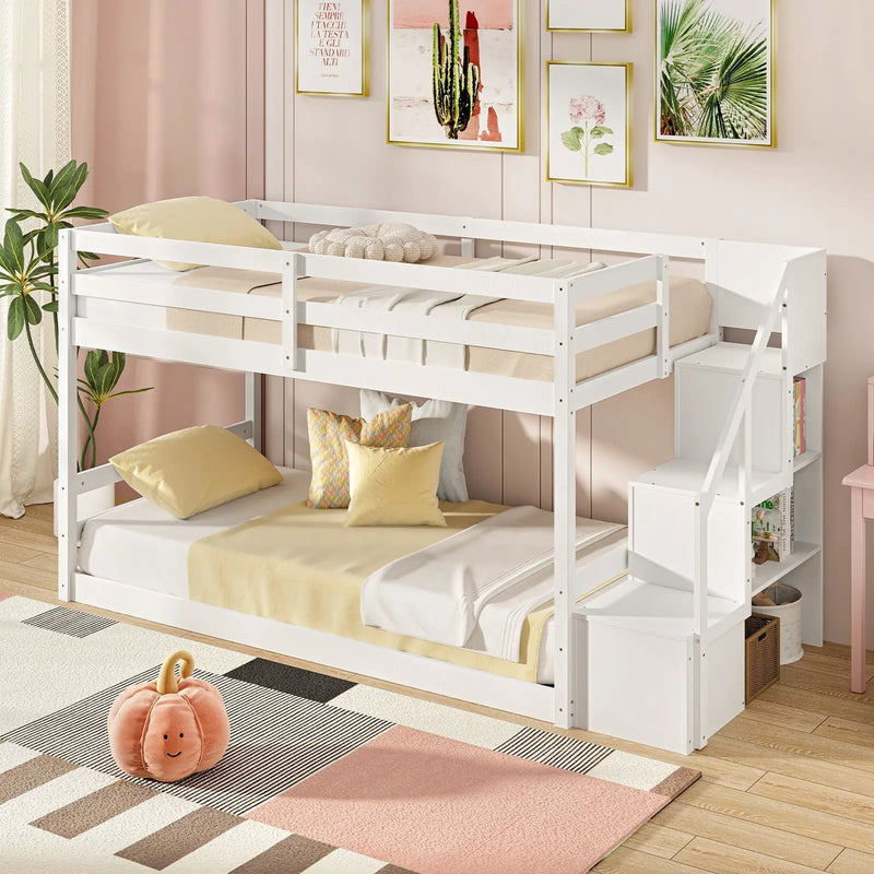 Twin Over Twin Low Bunk Bed with Storage Stairs Solid Wood Floor Bunk Bed Frame by DirectDeals