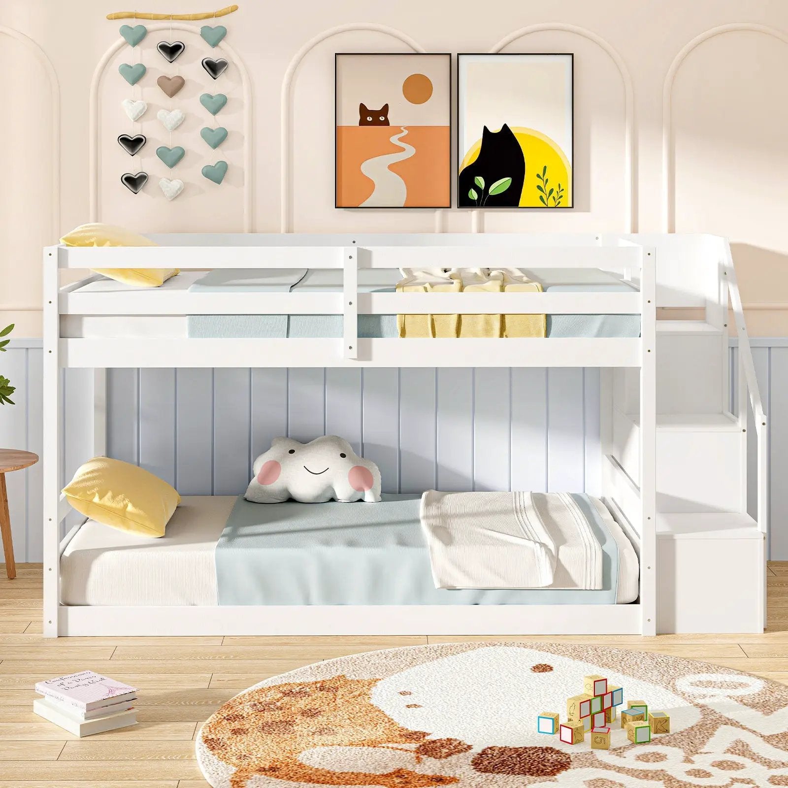 Twin Over Twin Low Bunk Bed with Storage Stairs Solid Wood Floor Bunk Bed Frame by DirectDeals