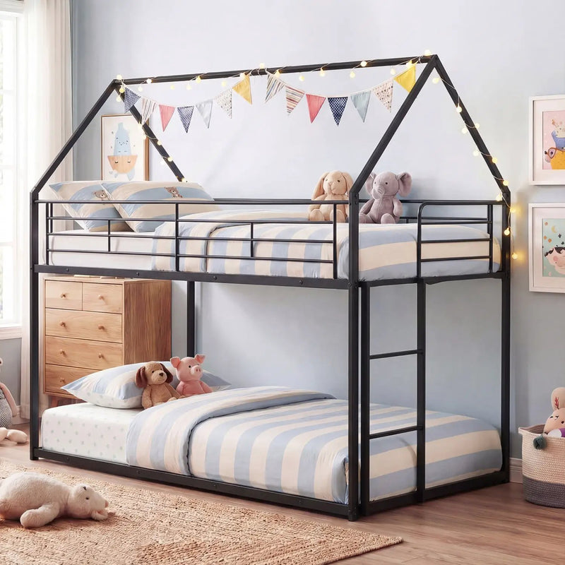 Twin Over Twin Metal Bunk Bed with Roof and Ladder by DirectDeals