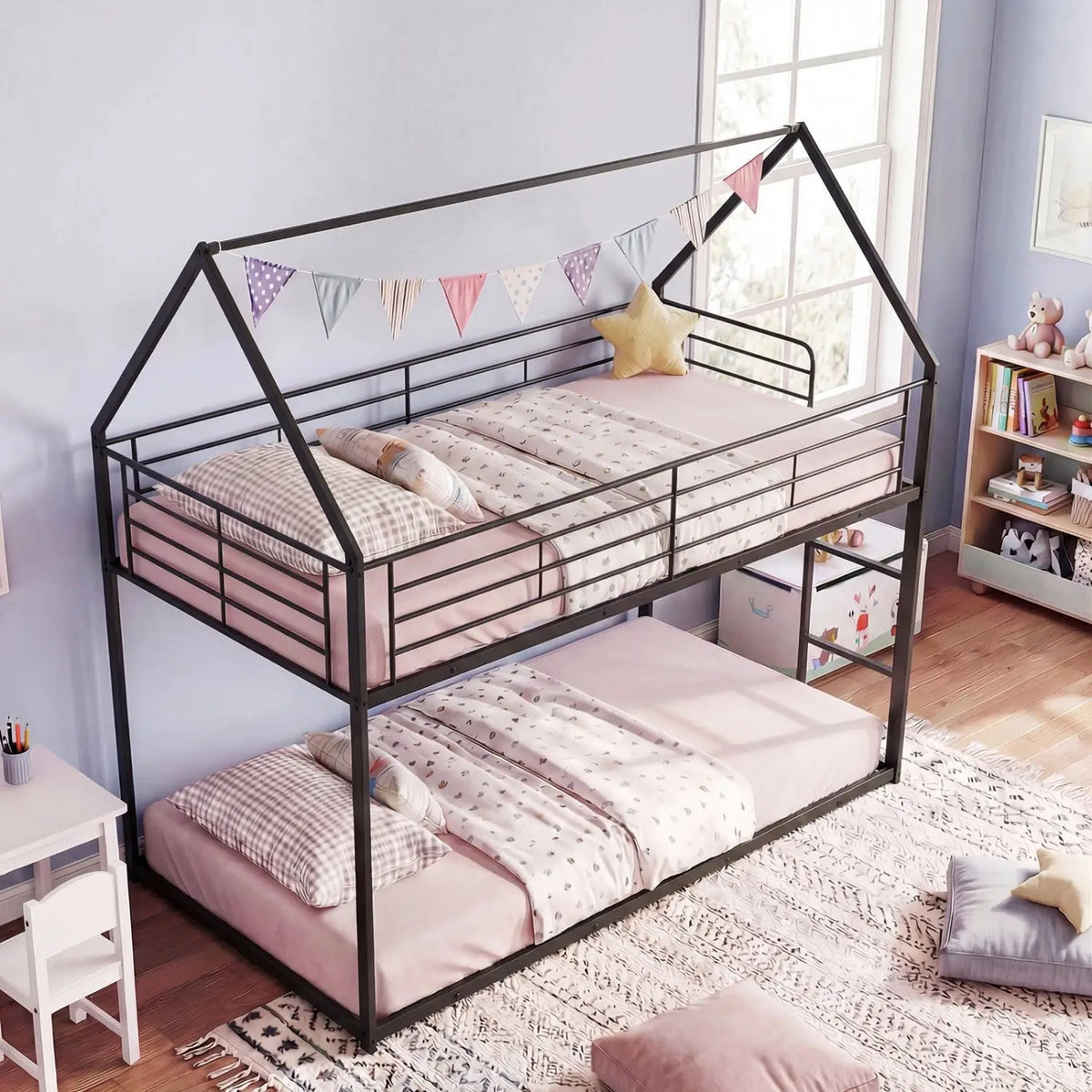 Twin Over Twin Metal Bunk Bed with Roof and Ladder by DirectDeals
