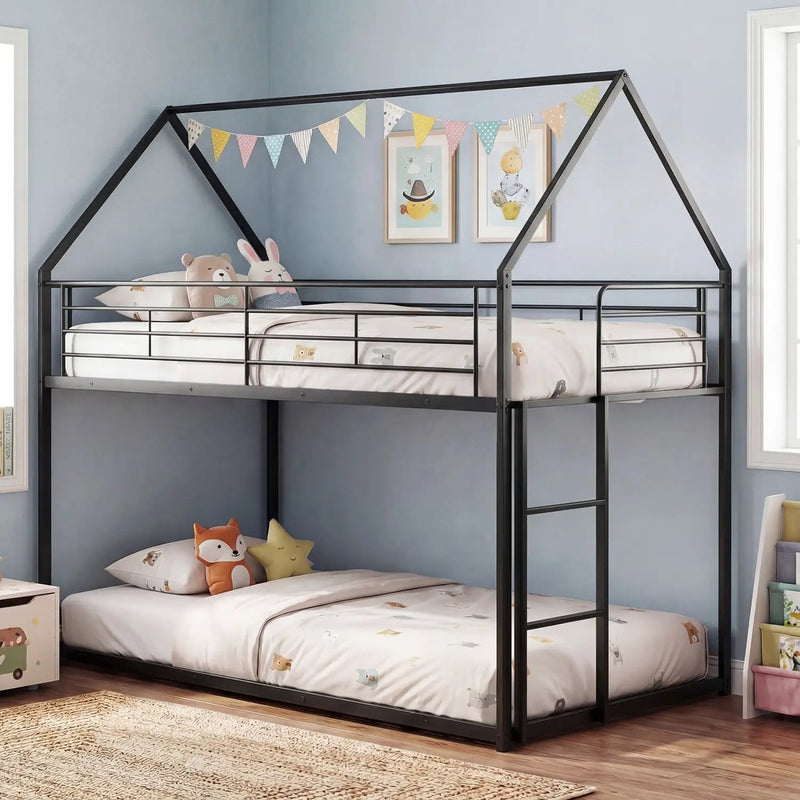 Twin Over Twin Metal Bunk Bed with Roof and Ladder by DirectDeals
