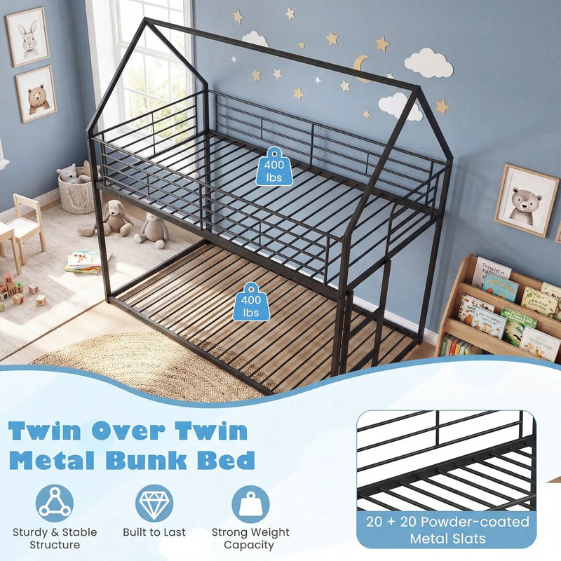 Twin Over Twin Metal Bunk Bed with Roof and Ladder by DirectDeals