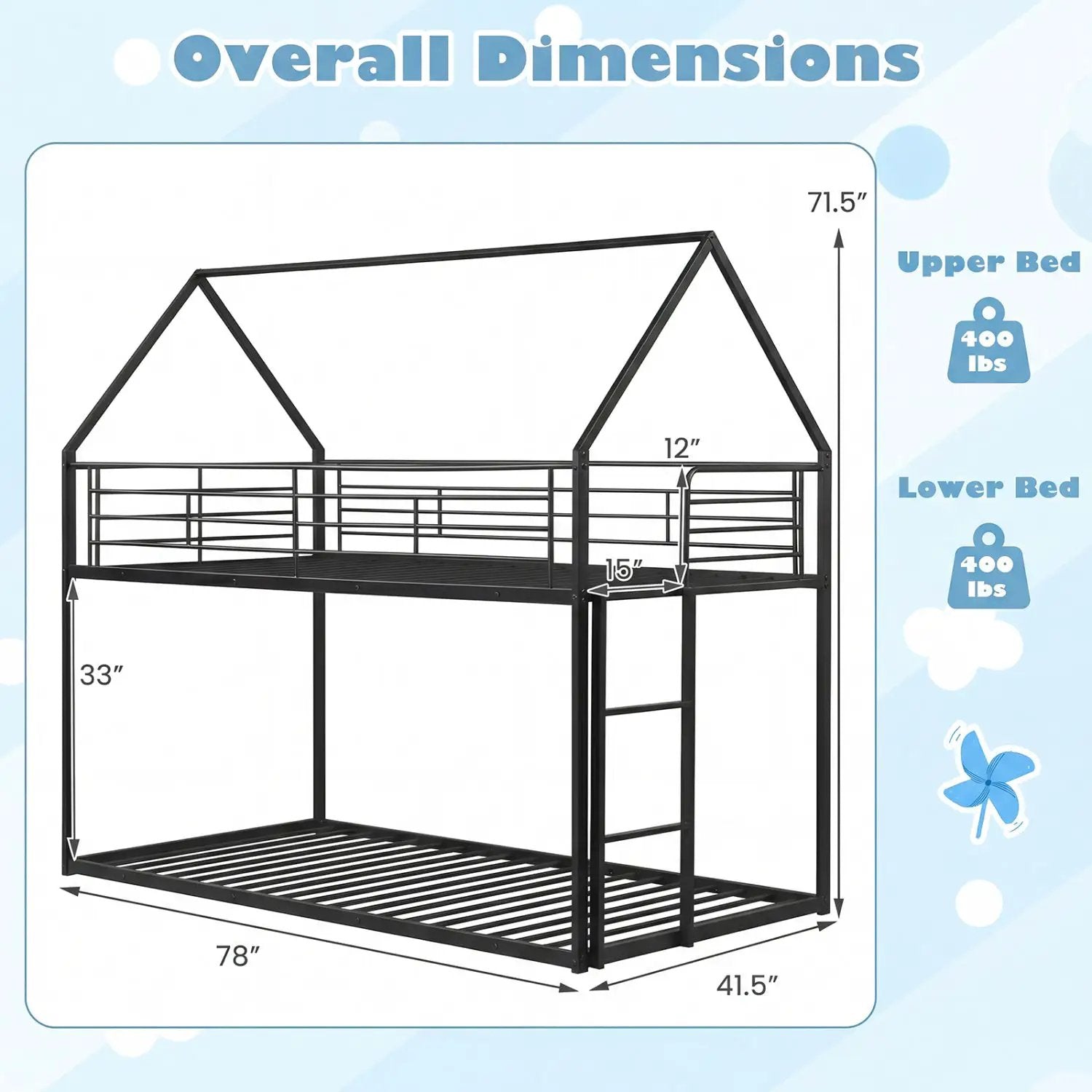 Twin Over Twin Metal Bunk Bed with Roof and Ladder by DirectDeals