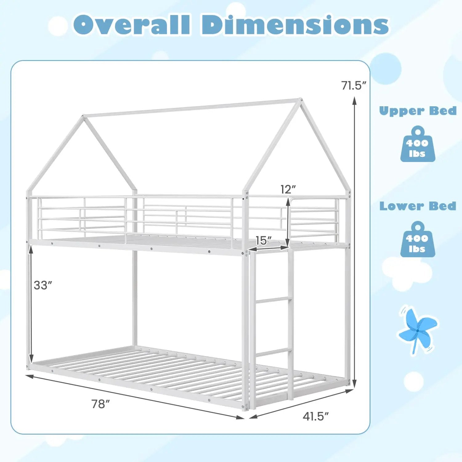Twin Over Twin Metal Bunk Bed with Roof and Ladder by DirectDeals