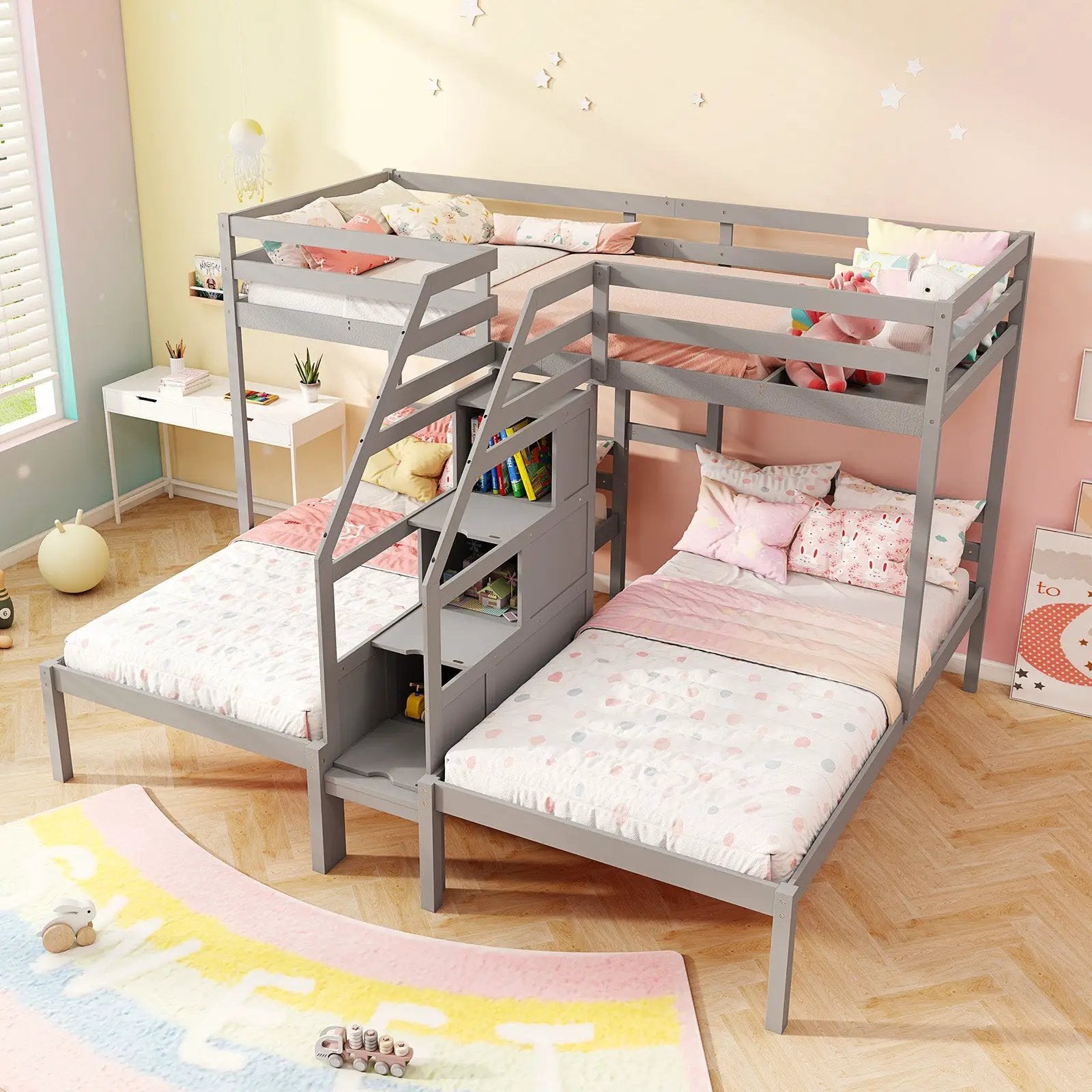 Twin Over Twin and Twin Bunk Bed with Storage Staircase and Guardrail for 3 Kids Teens by DirectDeals