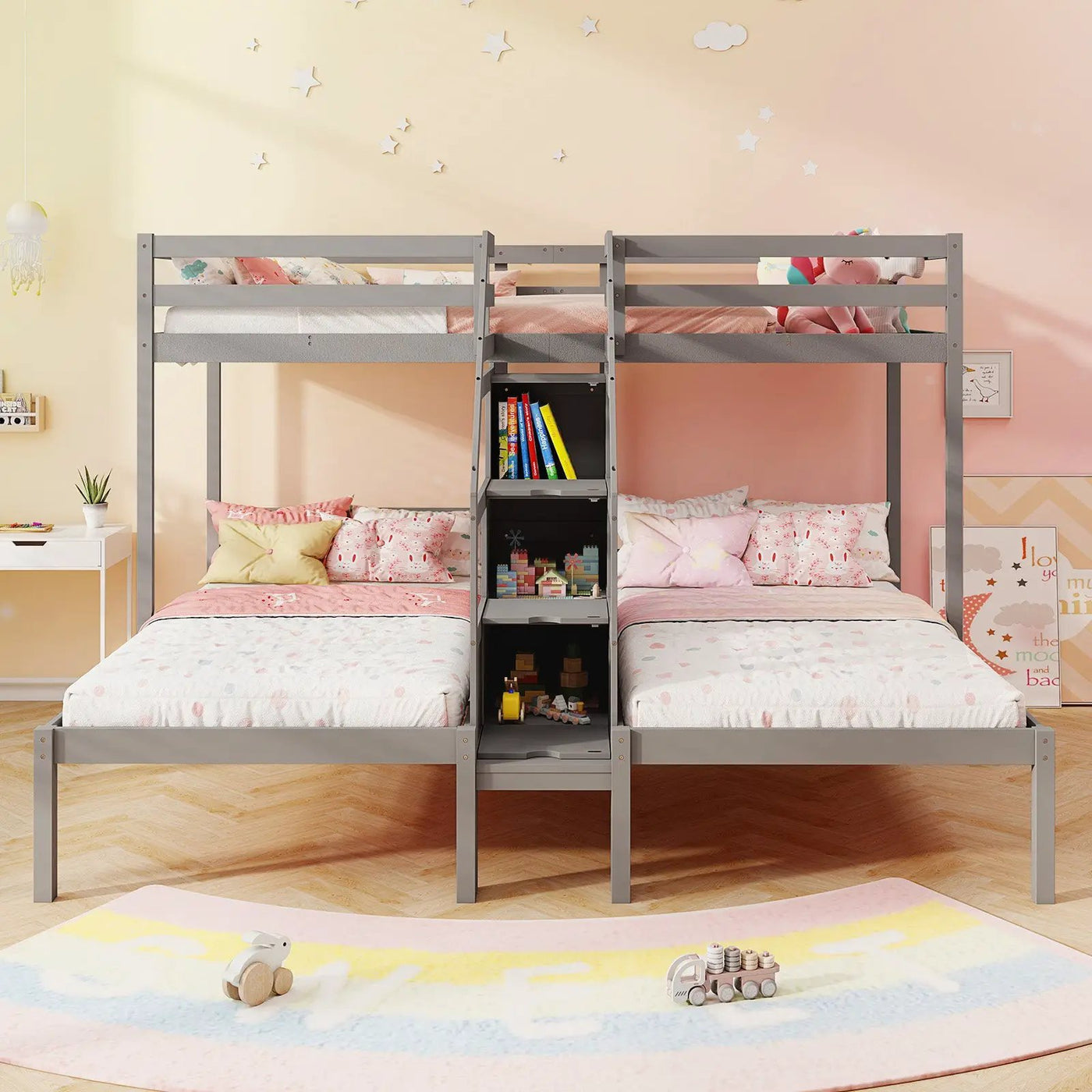 Twin Over Twin and Twin Bunk Bed with Storage Staircase and Guardrail for 3 Kids Teens by DirectDeals