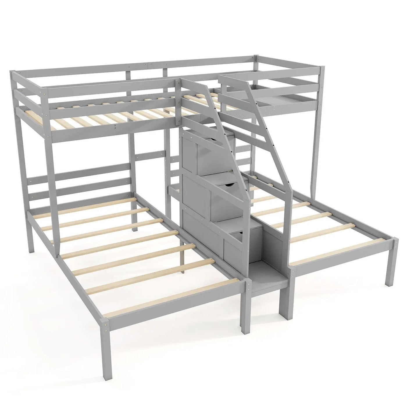 Twin Over Twin and Twin Bunk Bed with Storage Staircase and Guardrail for 3 Kids Teens by DirectDeals