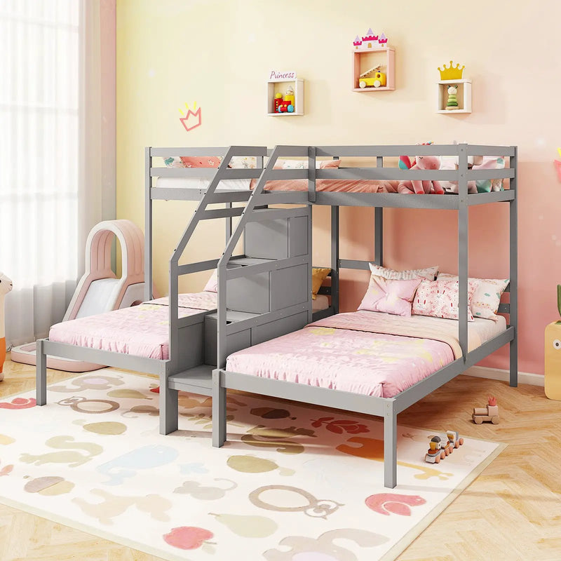 Twin Over Twin and Twin Bunk Bed with Storage Staircase and Guardrail for 3 Kids Teens by DirectDeals