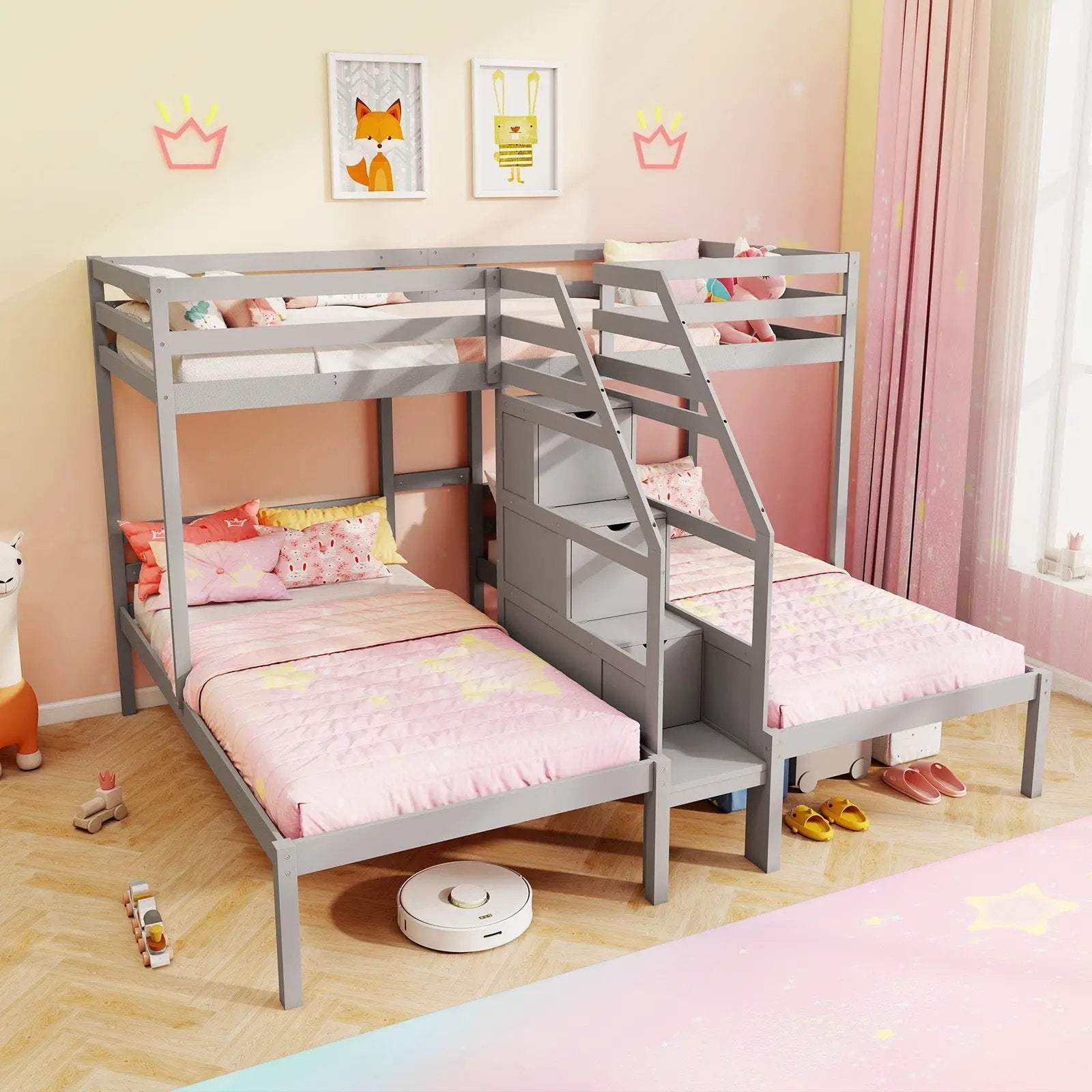 Twin Over Twin and Twin Bunk Bed with Storage Staircase and Guardrail for 3 Kids Teens by DirectDeals