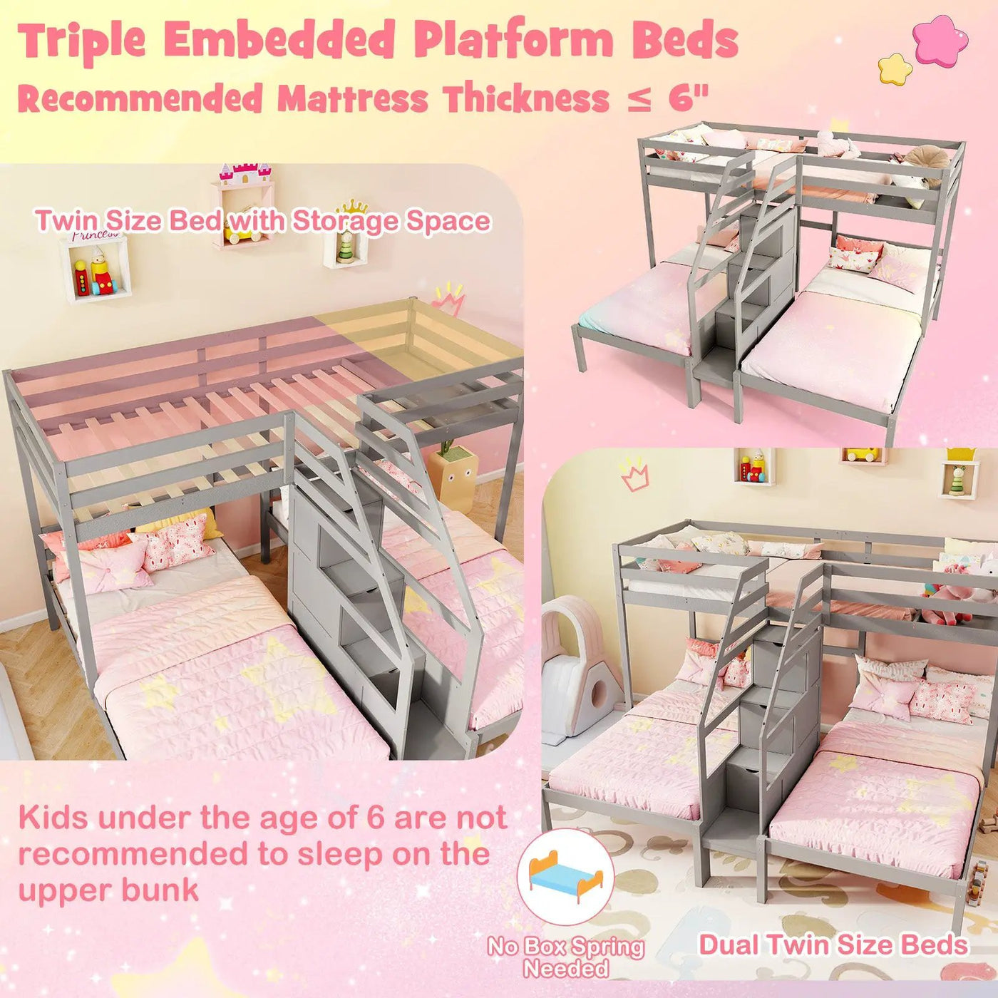 Twin Over Twin and Twin Bunk Bed with Storage Staircase and Guardrail for 3 Kids Teens by DirectDeals