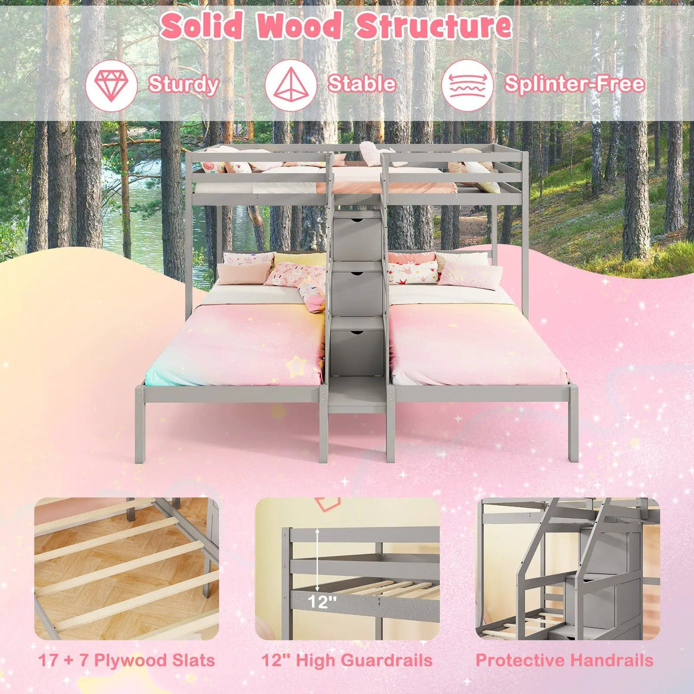 Twin Over Twin and Twin Bunk Bed with Storage Staircase and Guardrail for 3 Kids Teens by DirectDeals