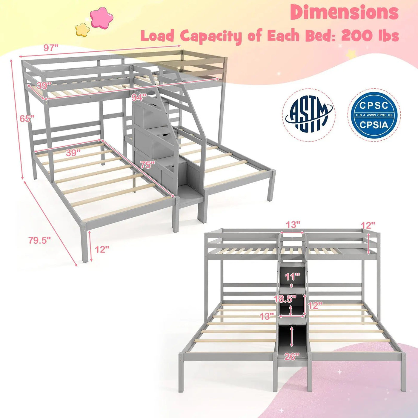 Twin Over Twin and Twin Bunk Bed with Storage Staircase and Guardrail for 3 Kids Teens by DirectDeals