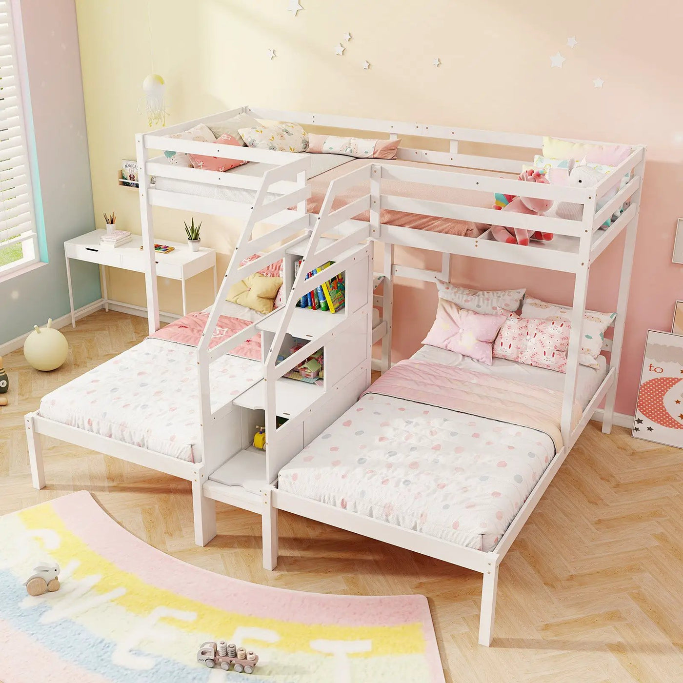 Twin Over Twin and Twin Bunk Bed with Storage Staircase and Guardrail for 3 Kids Teens by DirectDeals