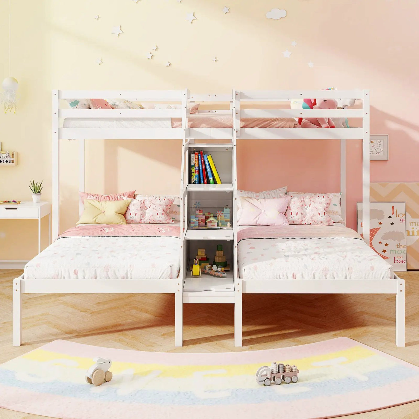 Twin Over Twin and Twin Bunk Bed with Storage Staircase and Guardrail for 3 Kids Teens by DirectDeals