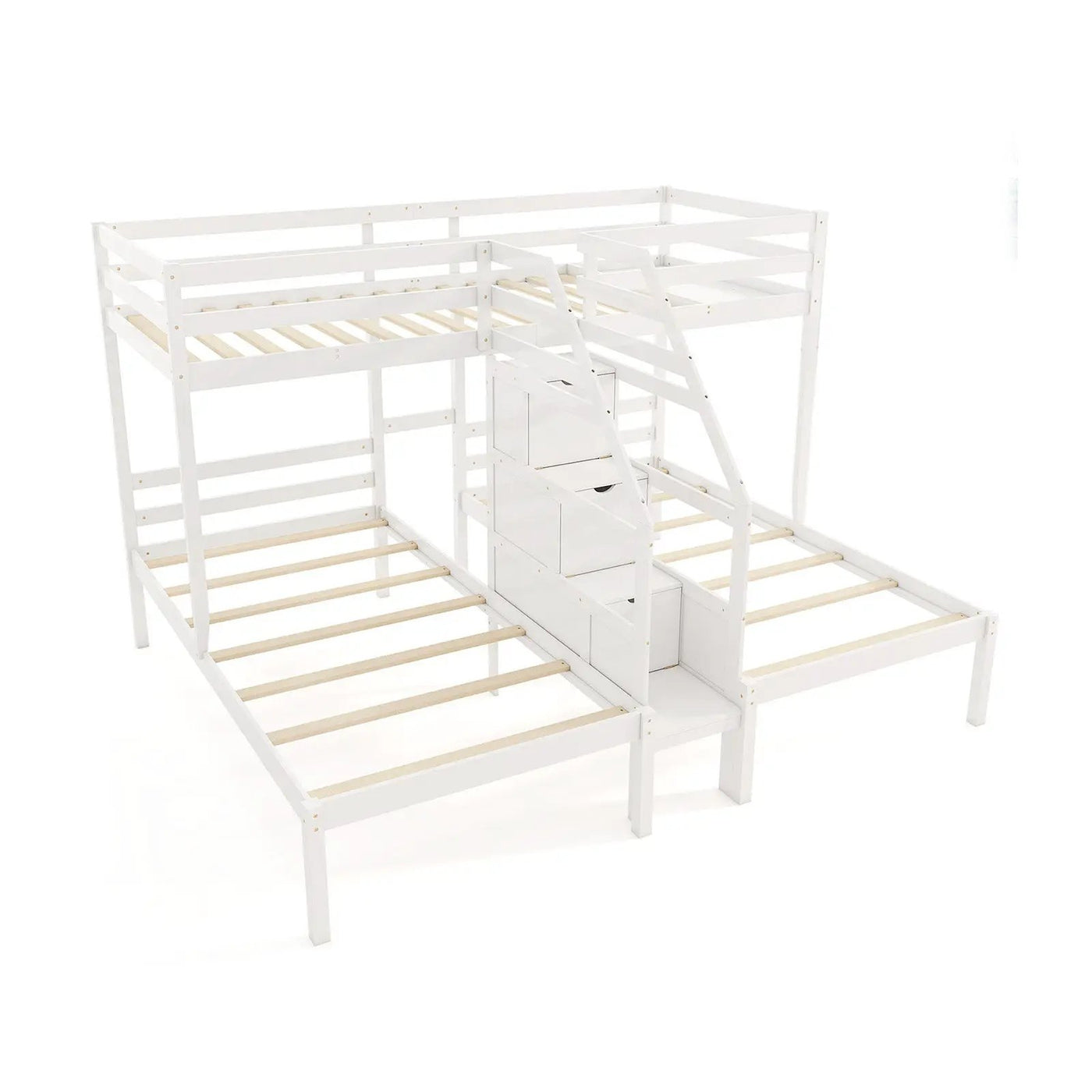 Twin Over Twin and Twin Bunk Bed with Storage Staircase and Guardrail for 3 Kids Teens by DirectDeals