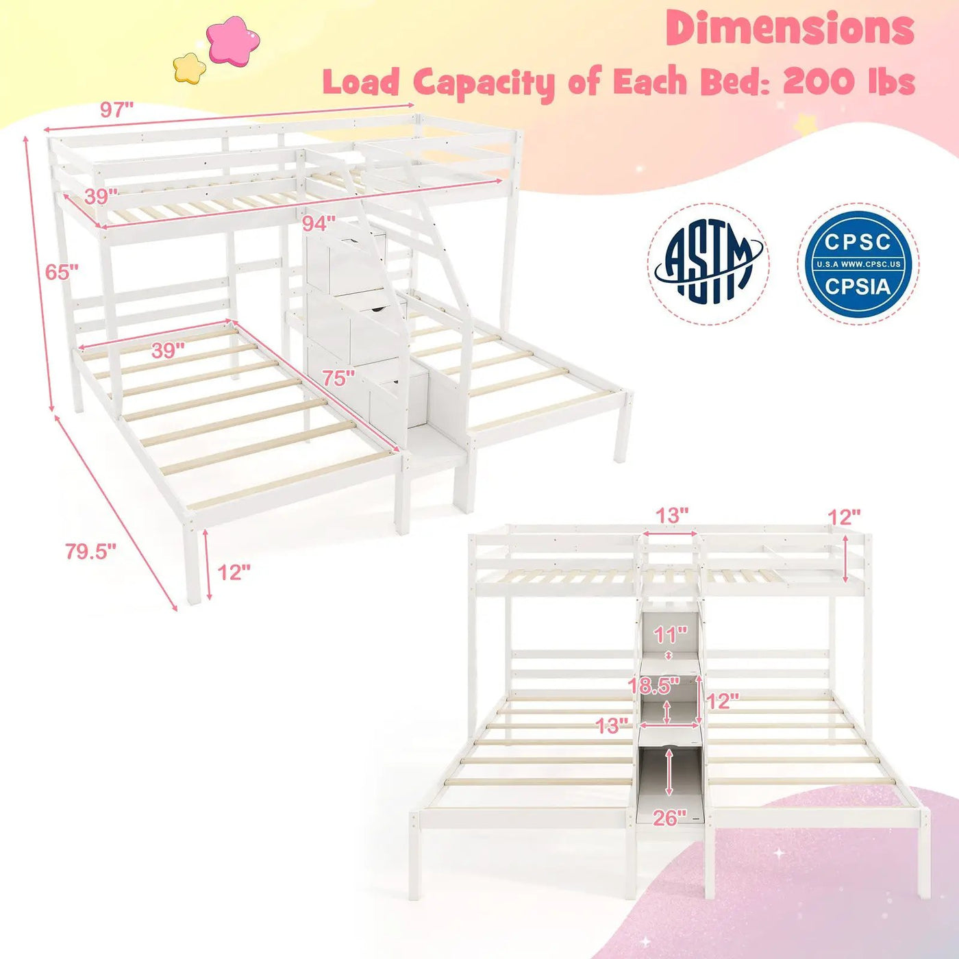 Twin Over Twin and Twin Bunk Bed with Storage Staircase and Guardrail for 3 Kids Teens by DirectDeals