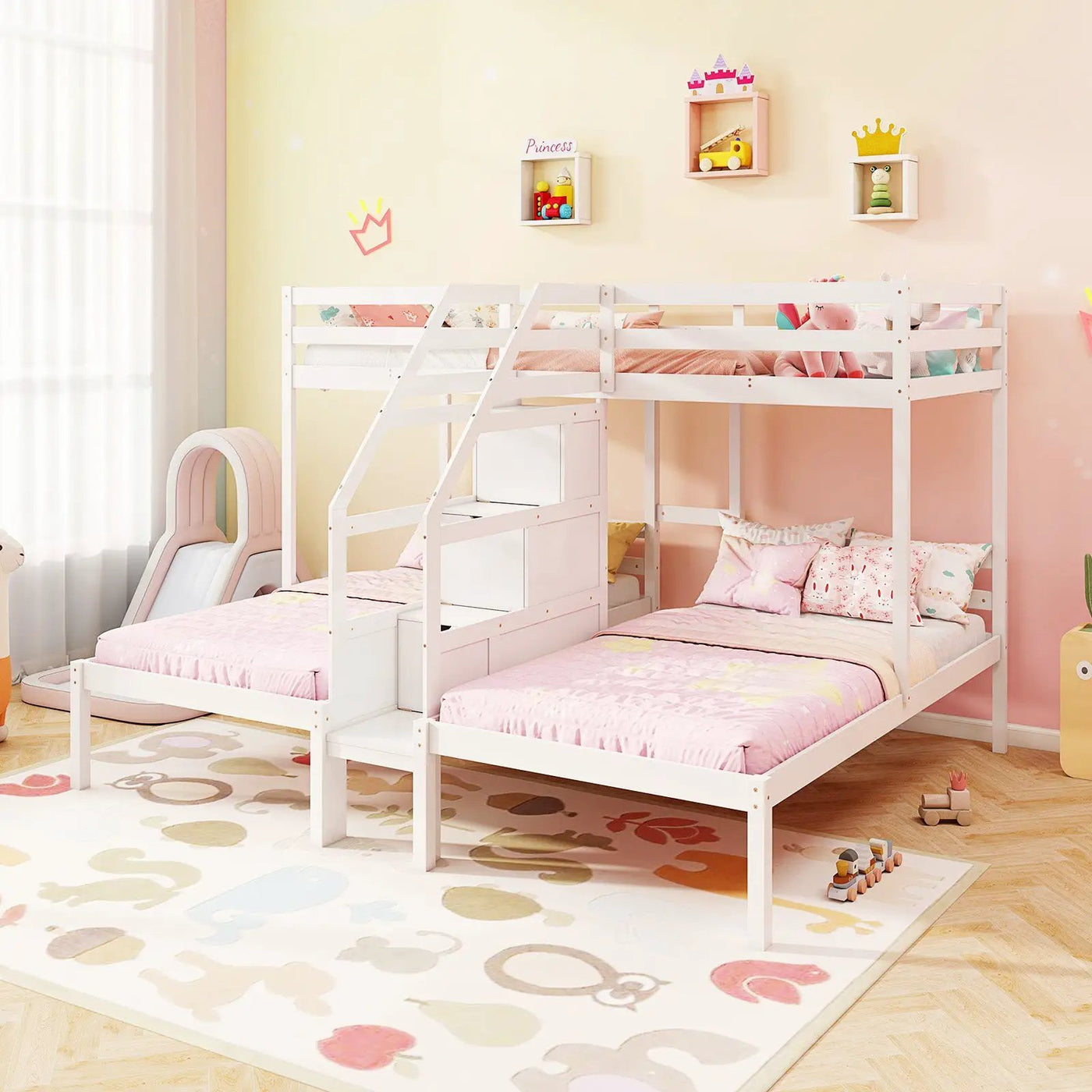Twin Over Twin and Twin Bunk Bed with Storage Staircase and Guardrail for 3 Kids Teens by DirectDeals