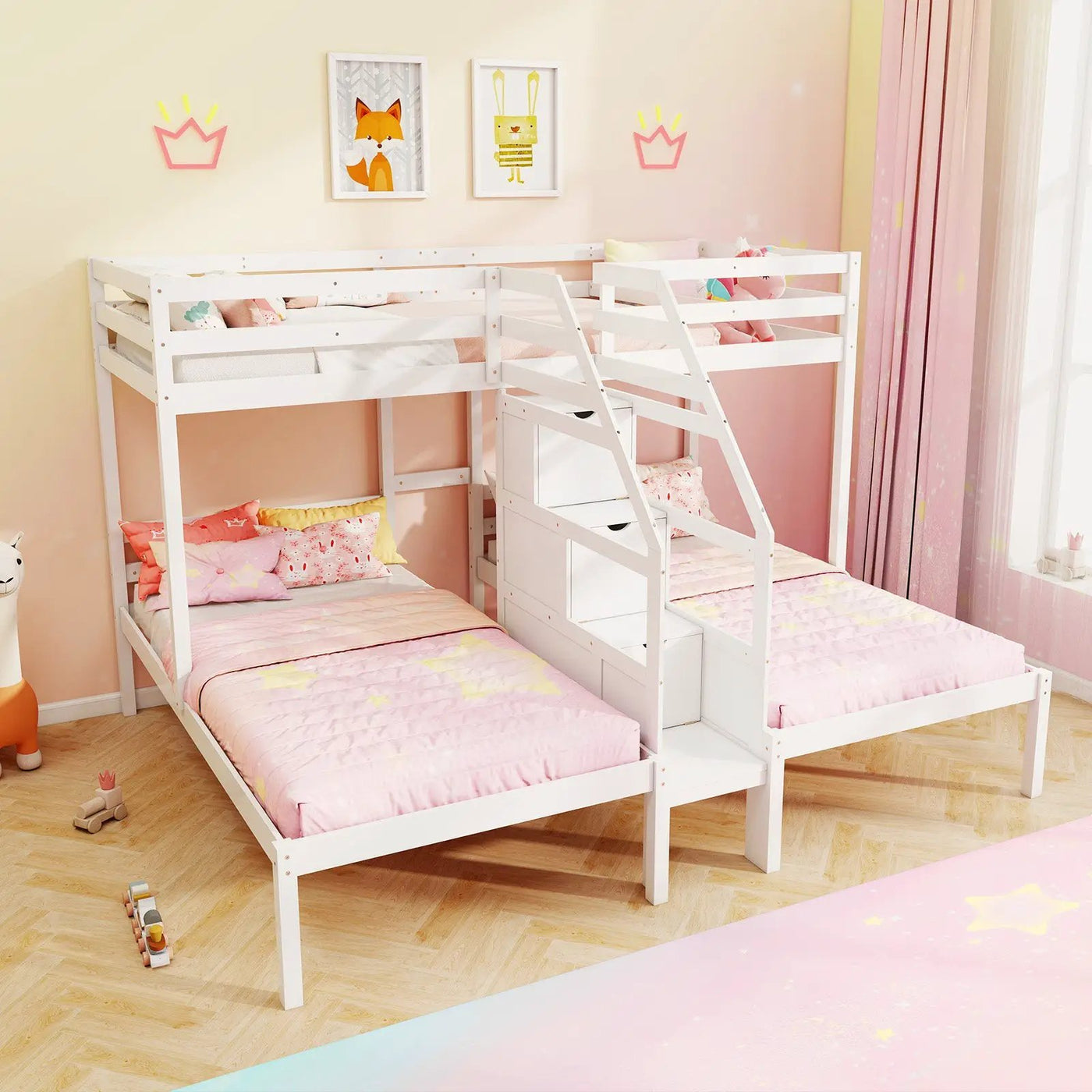 Twin Over Twin and Twin Bunk Bed with Storage Staircase and Guardrail for 3 Kids Teens by DirectDeals