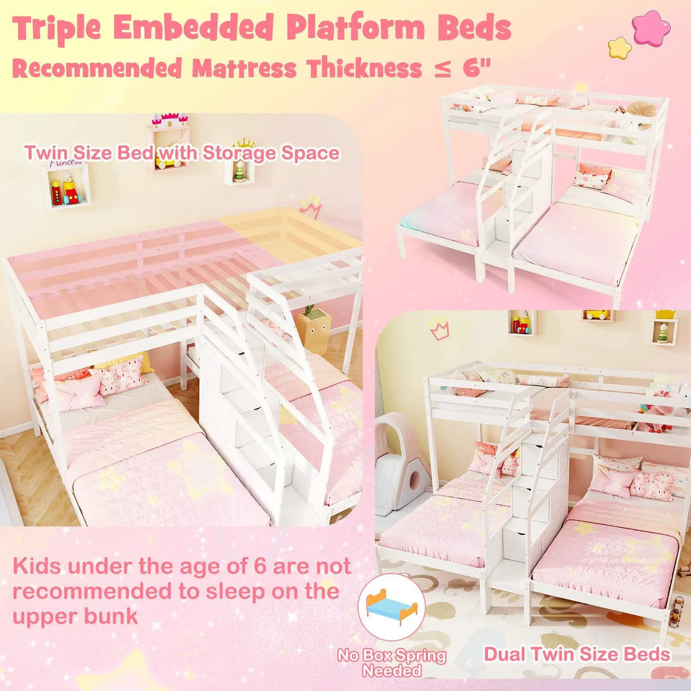 Twin Over Twin and Twin Bunk Bed with Storage Staircase and Guardrail for 3 Kids Teens by DirectDeals