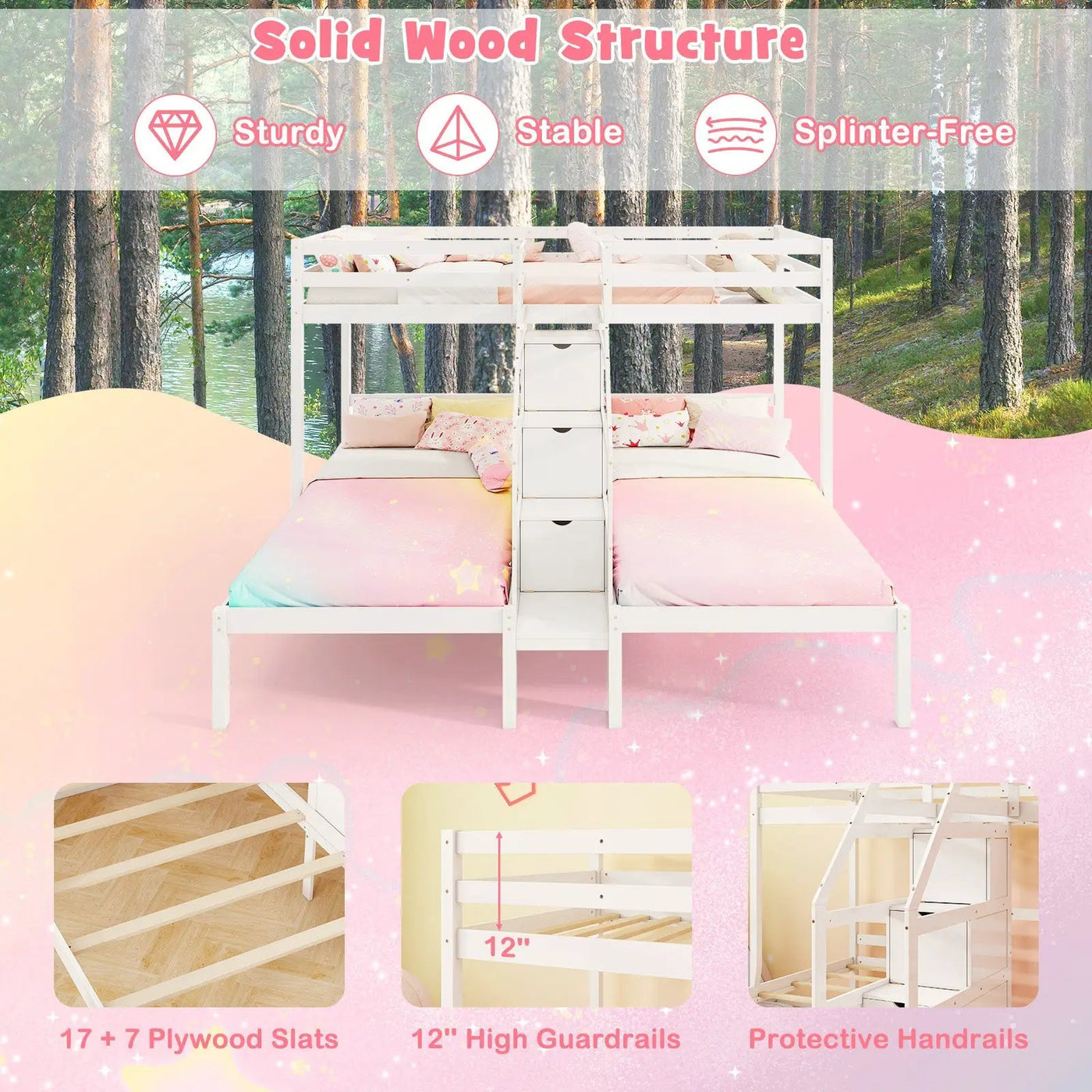 Twin Over Twin and Twin Bunk Bed with Storage Staircase and Guardrail for 3 Kids Teens by DirectDeals